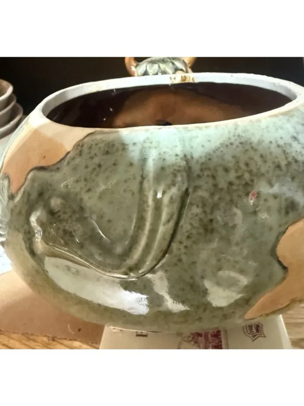 Adorable Cow Bull Green Glaze Pottery Planter